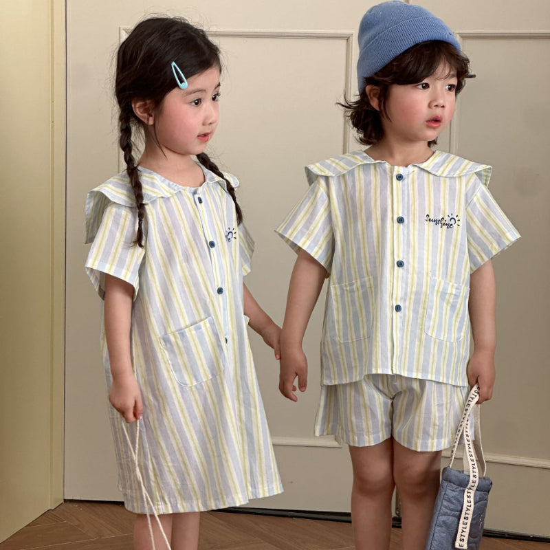 【BABY&KID】夏新作 ポケット付きストライプワンピース、セットアップSK072108