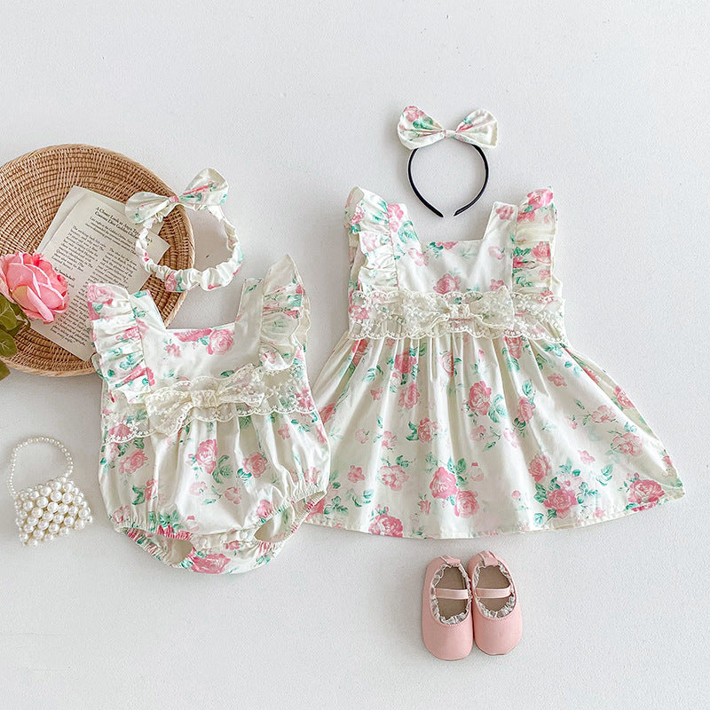 【姉妹服】夏新作 小花柄レースロンパース、ワンピースSK081631