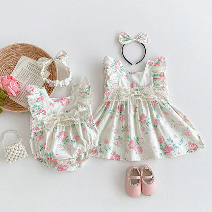 【姉妹服】夏新作 小花柄レースロンパース、ワンピースSK081631