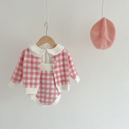 【BABY】チェックサロペットロンパース、カーディガンSK101535