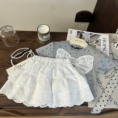 【BABY&KID】夏新作 蝶結び半袖Tシャツ、白レーススカートパンツSK092229