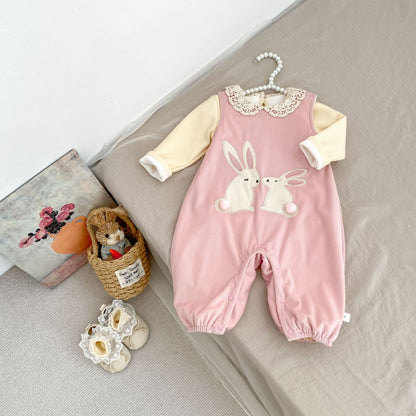 【BABY】うさぎ刺繍裏起毛サロペット、レーストップスSK101423