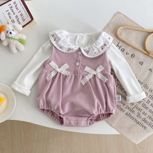 【BABY】リボンクルーネックロンパース、花刺繍カラーTシャツSK100741