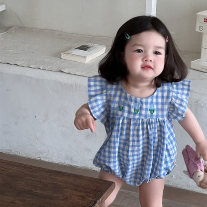 【BABY】夏新作 フラワー、チェック刺繍ロンパースSK082308