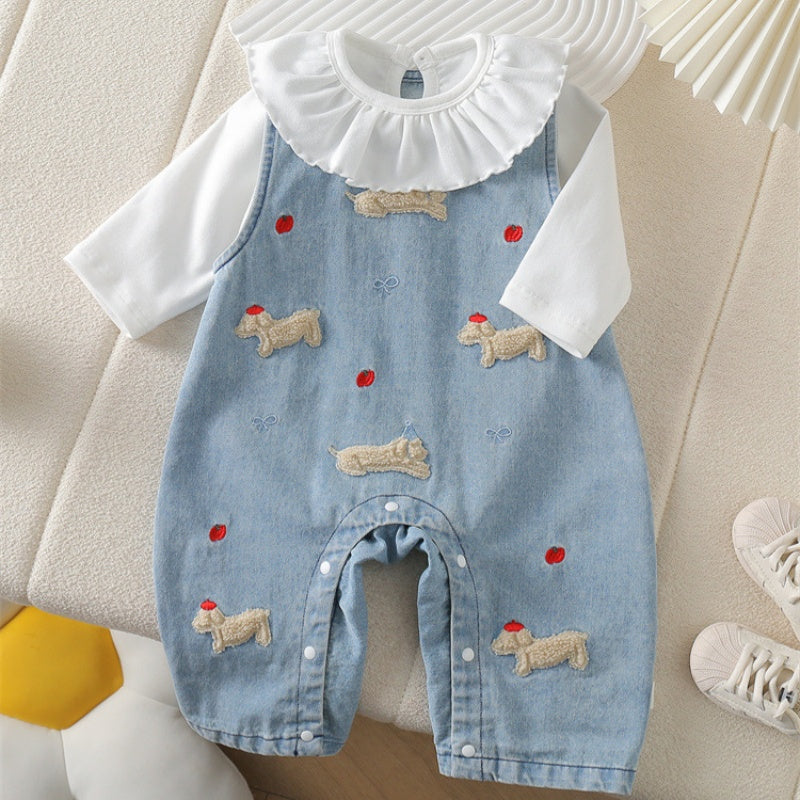 【BABY】りんご&犬柄デニムサロペット、うさぎ刺繍TシャツSK100536