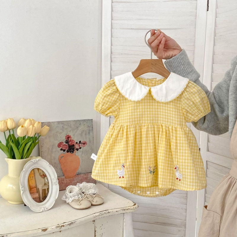 【BABY】夏新作 チェックあひる刺繍ロンパースSK104907