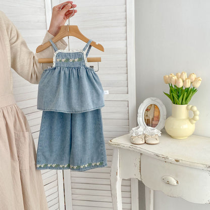 【BABY&KID】夏新作 フラワー刺繍デニムセットアップSK081531