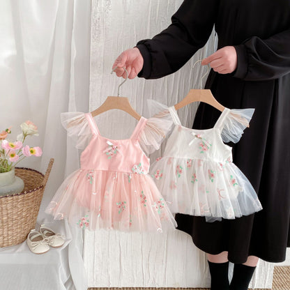 【BABY】夏新作 フラワー刺繍プリンセスロンパースワンピSK081708