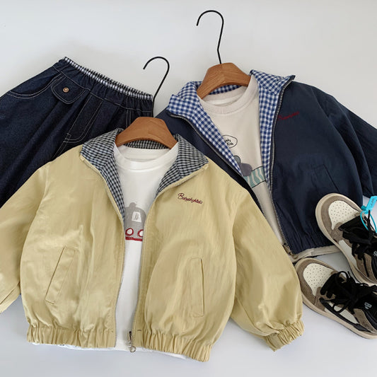 【BABY&KID】チェック象柄or無地リバーシブルコートSK100528