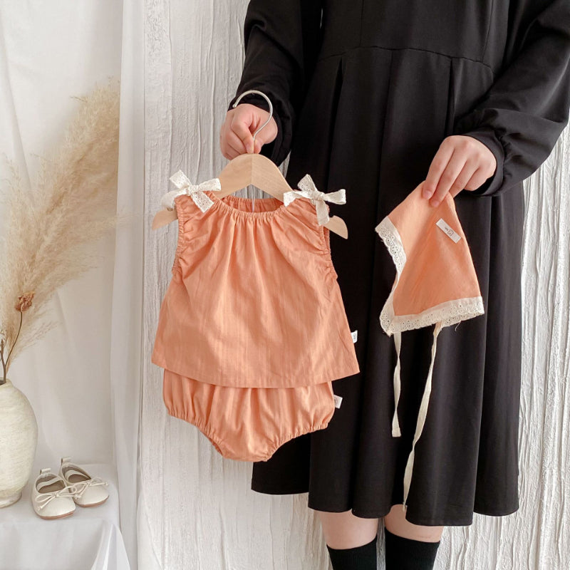 【BABY】夏新作 蝶ネクタイキャミソールトップス＆ショートパンツ＆ヘッドスカーフの3点SK071903