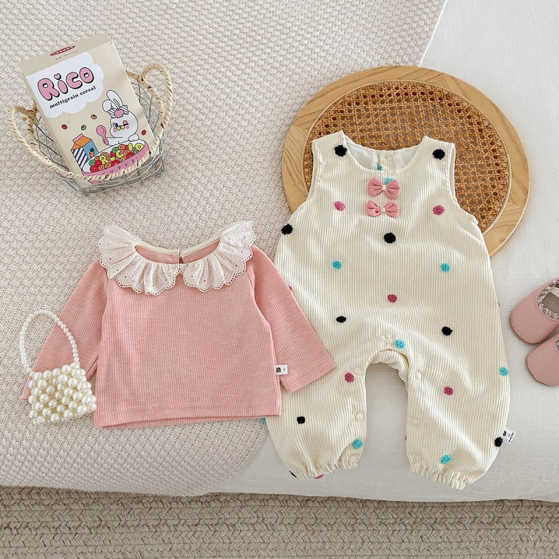 【BABY】コーデュロイカラードットサロペットロンパース&レース襟TシャツSK100443