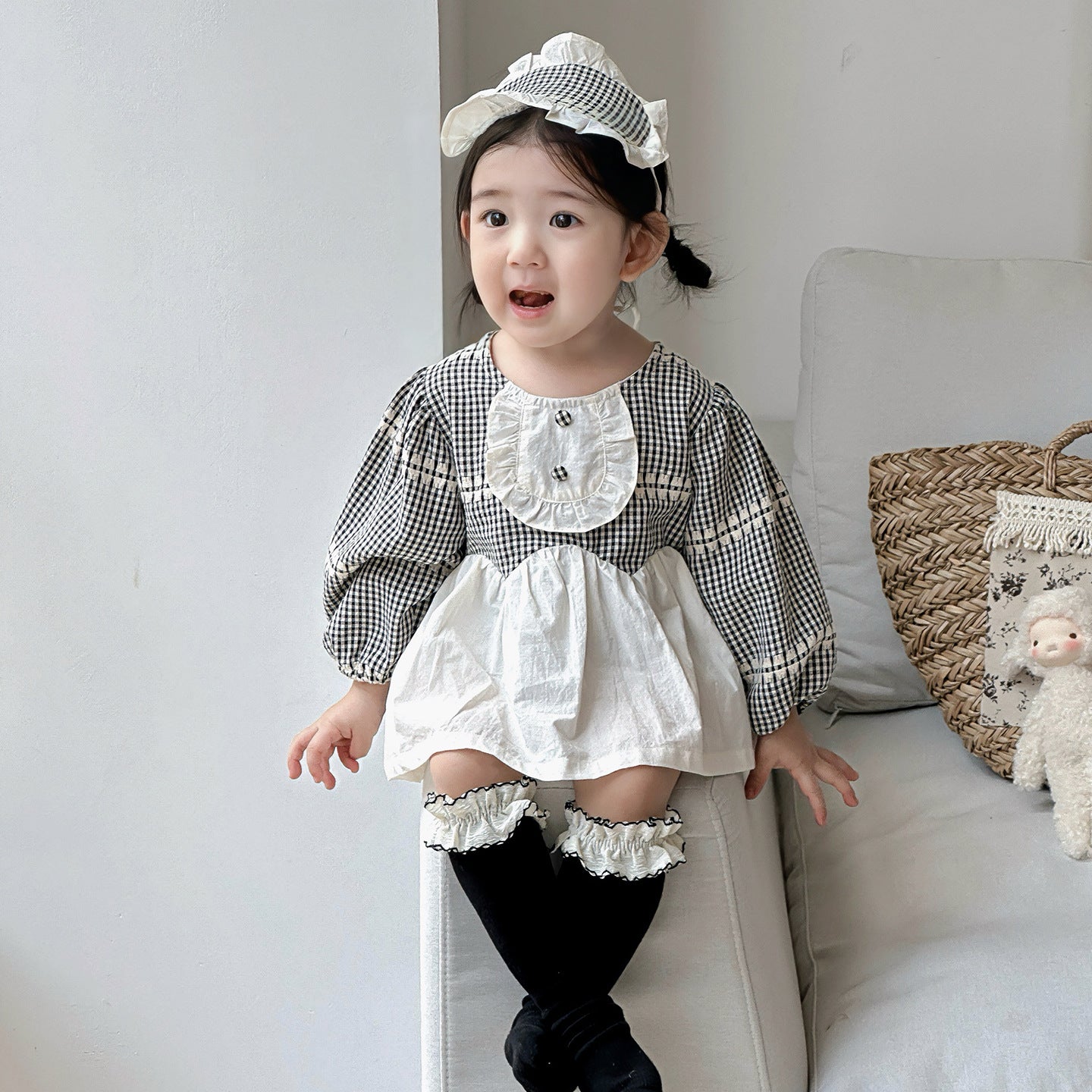 【BABY】チェックサロペットロンパース&ヘアバンドSK100444