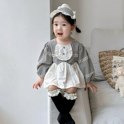 【BABY】チェックサロペットロンパース&ヘアバンドSK100444