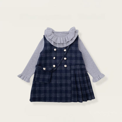 【BABY&KID】冬新作 チェックジャンパースカート＆フリルニット＆バッグ3点セットSK102430
