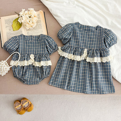 【姉妹服】夏新作 ブルーチェックレースロンパース/ワンピースSK062708