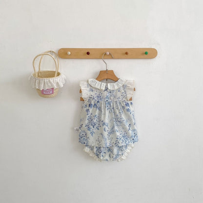 【BABY&KID】夏新作 ラウンドネックフリルスリーブ小花柄セットアップSK104928