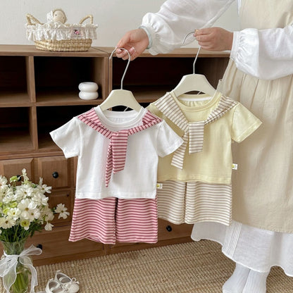 【BABY&KID】夏新作ケープ風半袖Tシャツ＆ボーダーワイドパンツSK105801