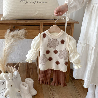 【BABY&KID】花柄ベスト&パフ袖トップス&ニットパンツ3点セットSK100332