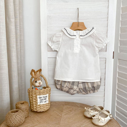 【BABY&KID】夏新作 刺繍フリル襟トップス＆チェックショートパンツSK081524
