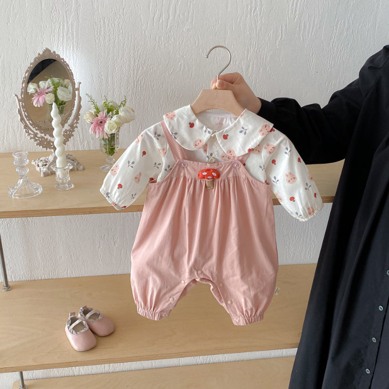 【BABY】小さな襟シャツ＆きのこサロペット2点セットSK092302