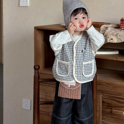 【BABY&KID】チェックベスト、ぞうさん長袖、ストレートデニムパンツSK104011