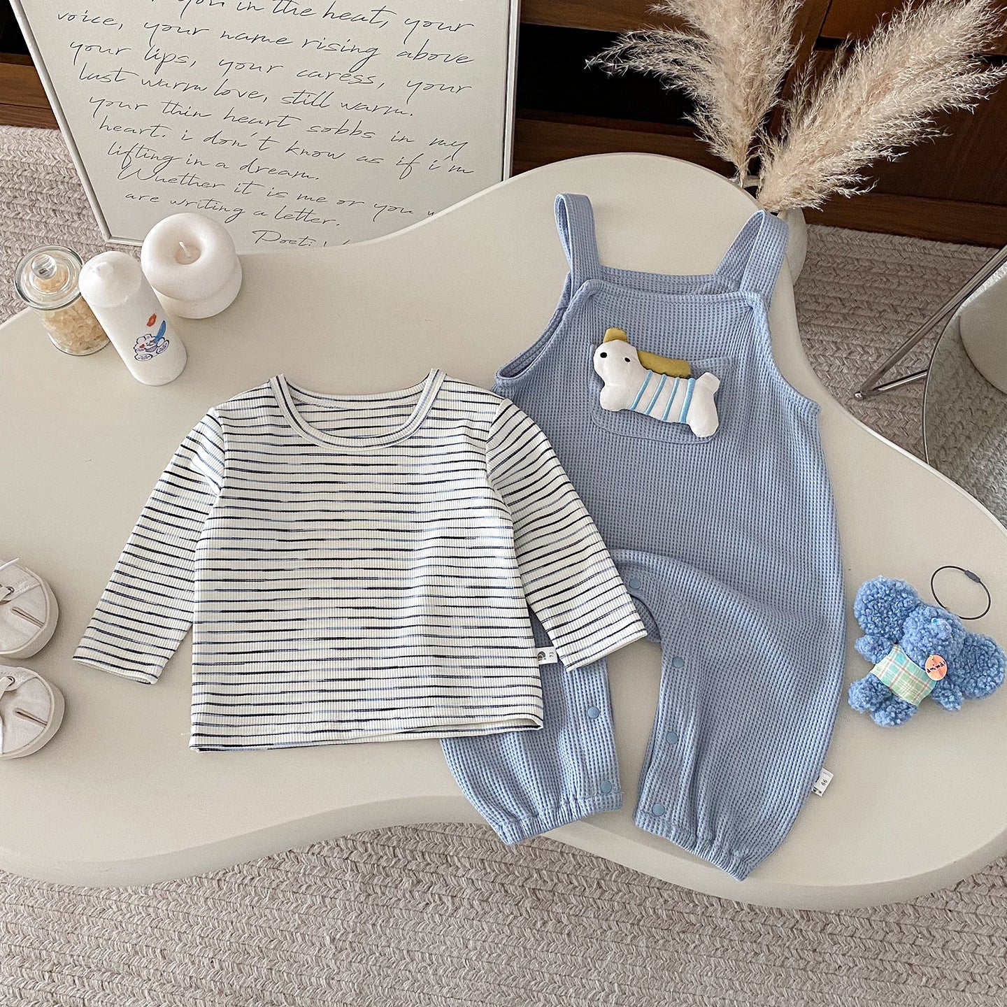 【BABY】いぬサロペットパンツ&ボーダートップス2点セットSK100404