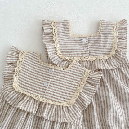 【姉妹服】夏新作 ストライプフリルロンパース、ワンピースSK072318