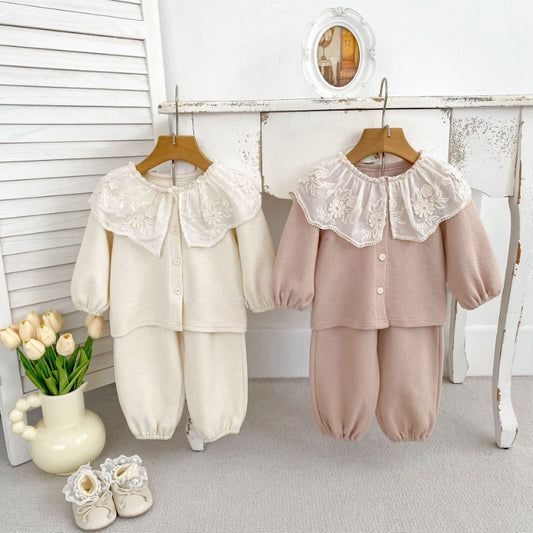 【BABY&KID】レースフリル襟カーディガン&パンツセットアップSK100828