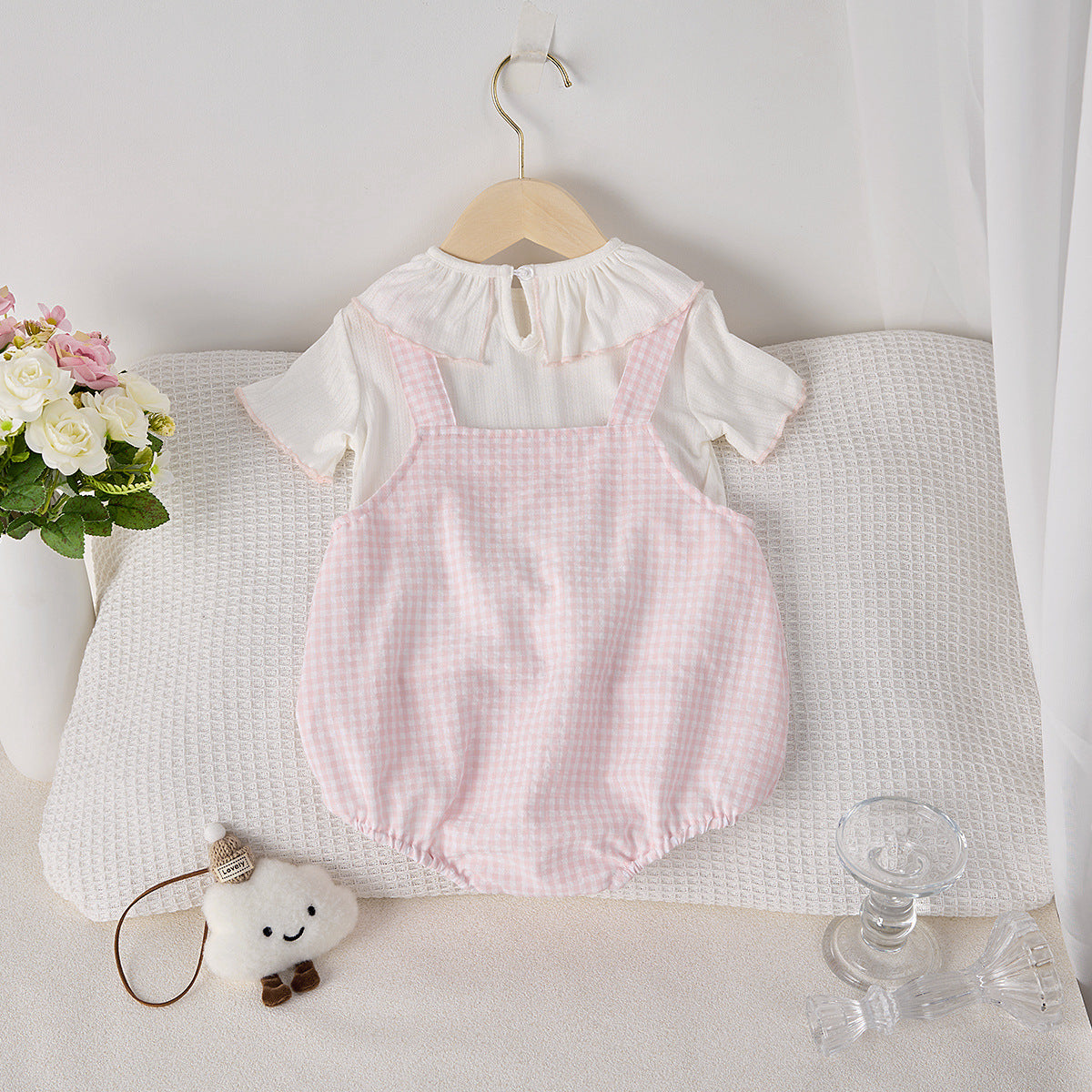 【BABY】夏新作 チェックサロペットロンパース＆TシャツSK092615