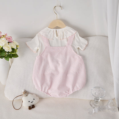 【BABY】夏新作 チェックサロペットロンパース＆TシャツSK092615