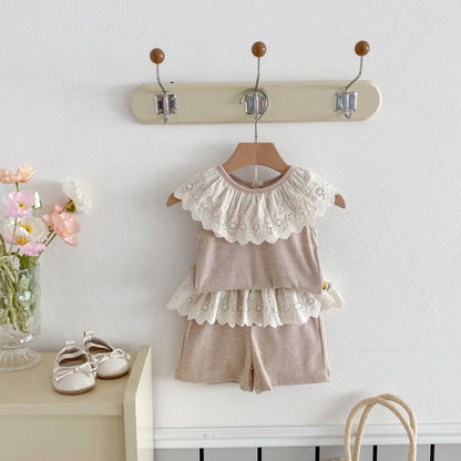 【BABY&KID】夏新作 レースフリル襟セットアップSK082610