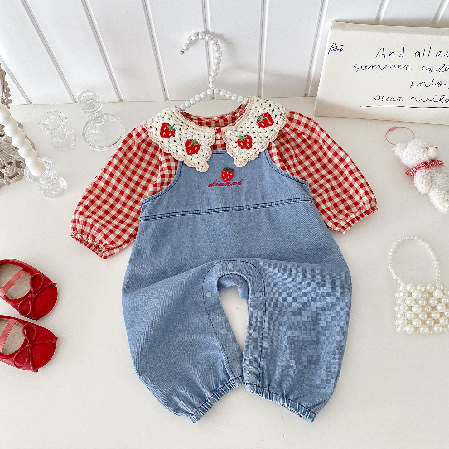 【BABY】いちごチェックブラウス&いちご刺繍サロペットSK100804
