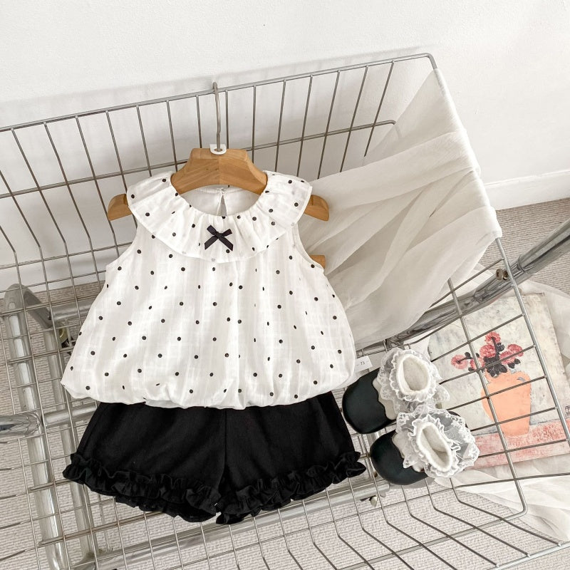 【BABY&KID】夏新作ドット柄リボンノースリーブタンクトップ＆ショートパンツSK106502