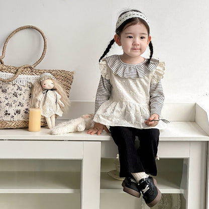 【BABY】蝶結び刺繍ベスト＆ボーダーTシャツ、ブラックフレアパンツSK101432