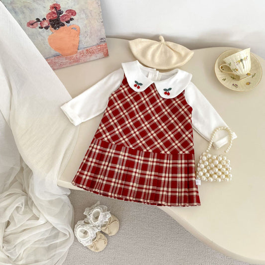 【BABY&KID】学院風チェックワンピース、さくらんぼ刺繍襟ＴシャツSK100842