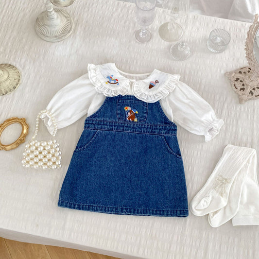 【BABY&KID】くま刺繍ジャンパースカート、カートゥーン刺繍襟ブラウスSK100841