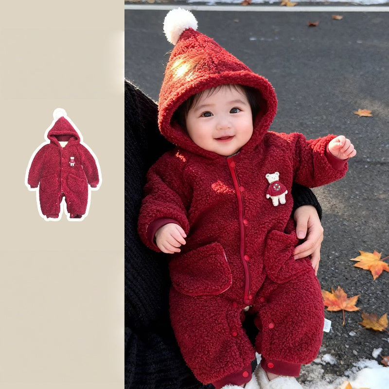 【BABY】冬新作くまワッペンあったかフード付きカバーオールSK103209