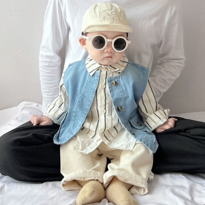 【BABY&KID】ストライプシャツ、デニムベスト、アーモンドパンツSK100224
