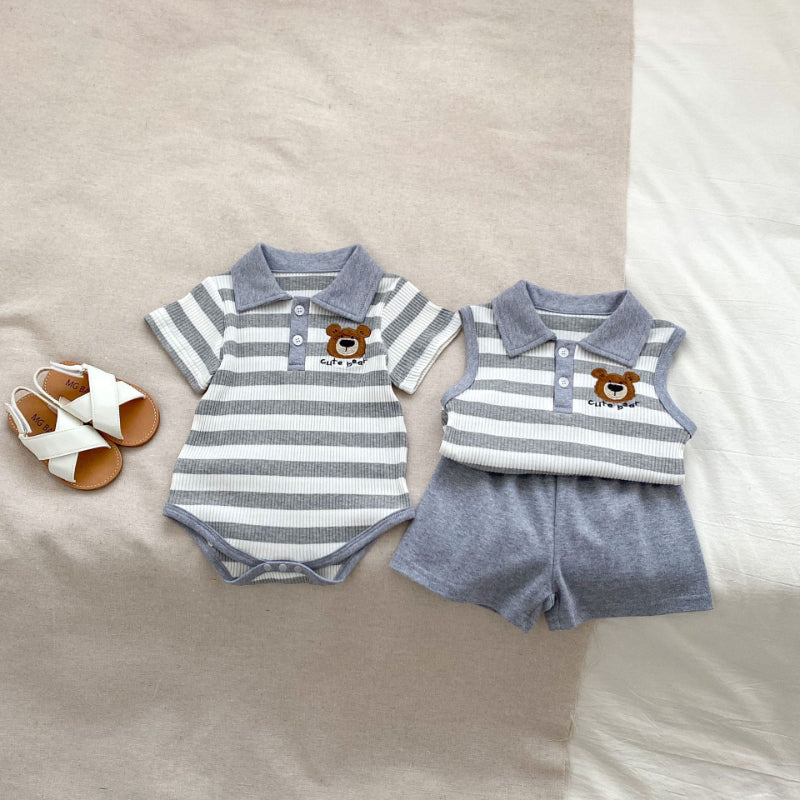 【BABY&KID】夏新作 ストライプくまロンパース、セットアップSK072524