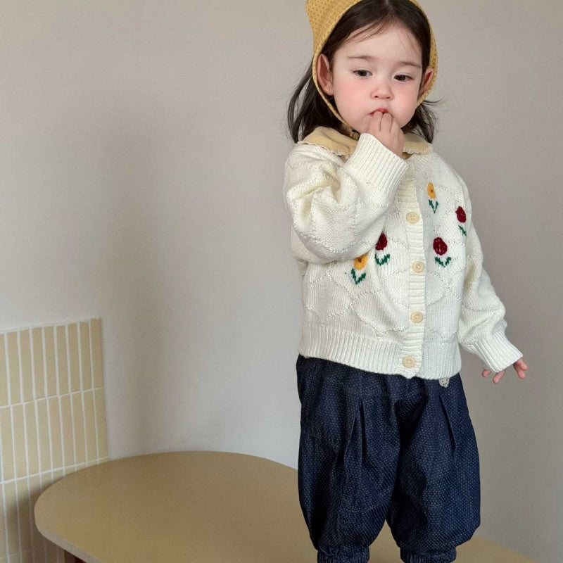 【BABY&KID】カラフル小花ニットカーディガン、丸襟長袖、ドットデニムパンツSK104004