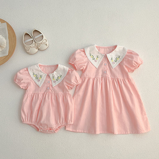【姉妹服】夏新作 刺繍フラワー襟ロンパース、ワンピースSK081621