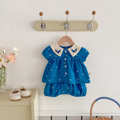 【BABY】夏新作 フラワー刺繍襟セットアップSK072604