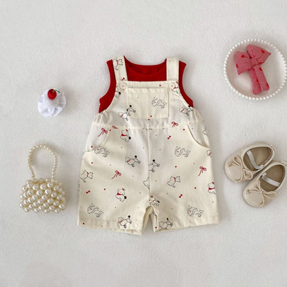 【BABY&KID】夏新作いぬプリントサロペットショートパンツ＆無地タンクトップSK105509