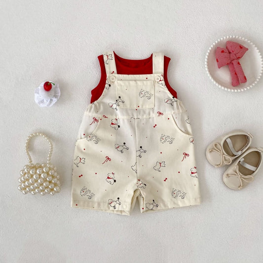 【BABY&KID】夏新作いぬプリントサロペットショートパンツ＆無地タンクトップSK105509