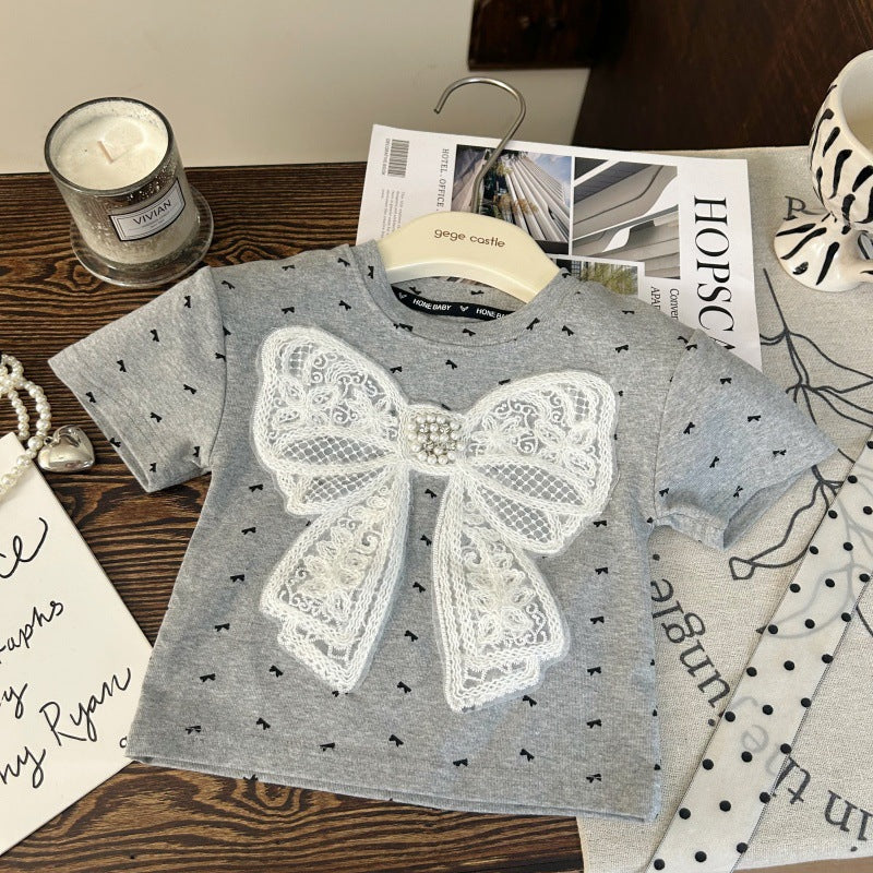 【BABY&KID】夏新作 蝶結び半袖Tシャツ、白レーススカートパンツSK092229