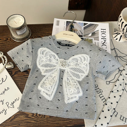 【BABY&KID】夏新作 蝶結び半袖Tシャツ、白レーススカートパンツSK092229