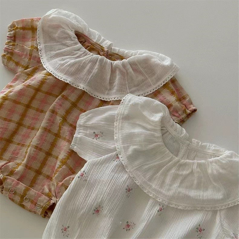 【BABY】夏新作 チェック、フラワーラッフルカラーロンパースSK071601
