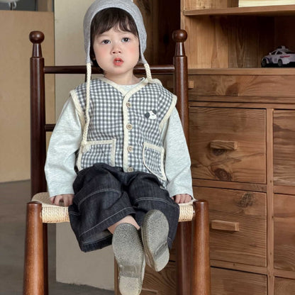 【BABY&KID】チェックベスト、ぞうさん長袖、ストレートデニムパンツSK104011