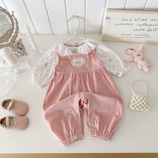 【BABY】フリルトップス&ピンクサロペットパンツSK100441