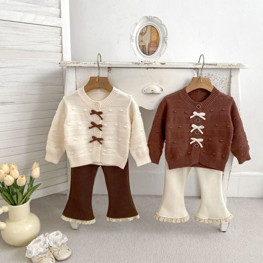 【BABY&KID】蝶結びニットカーデ、裏起毛レースパンツSK101438
